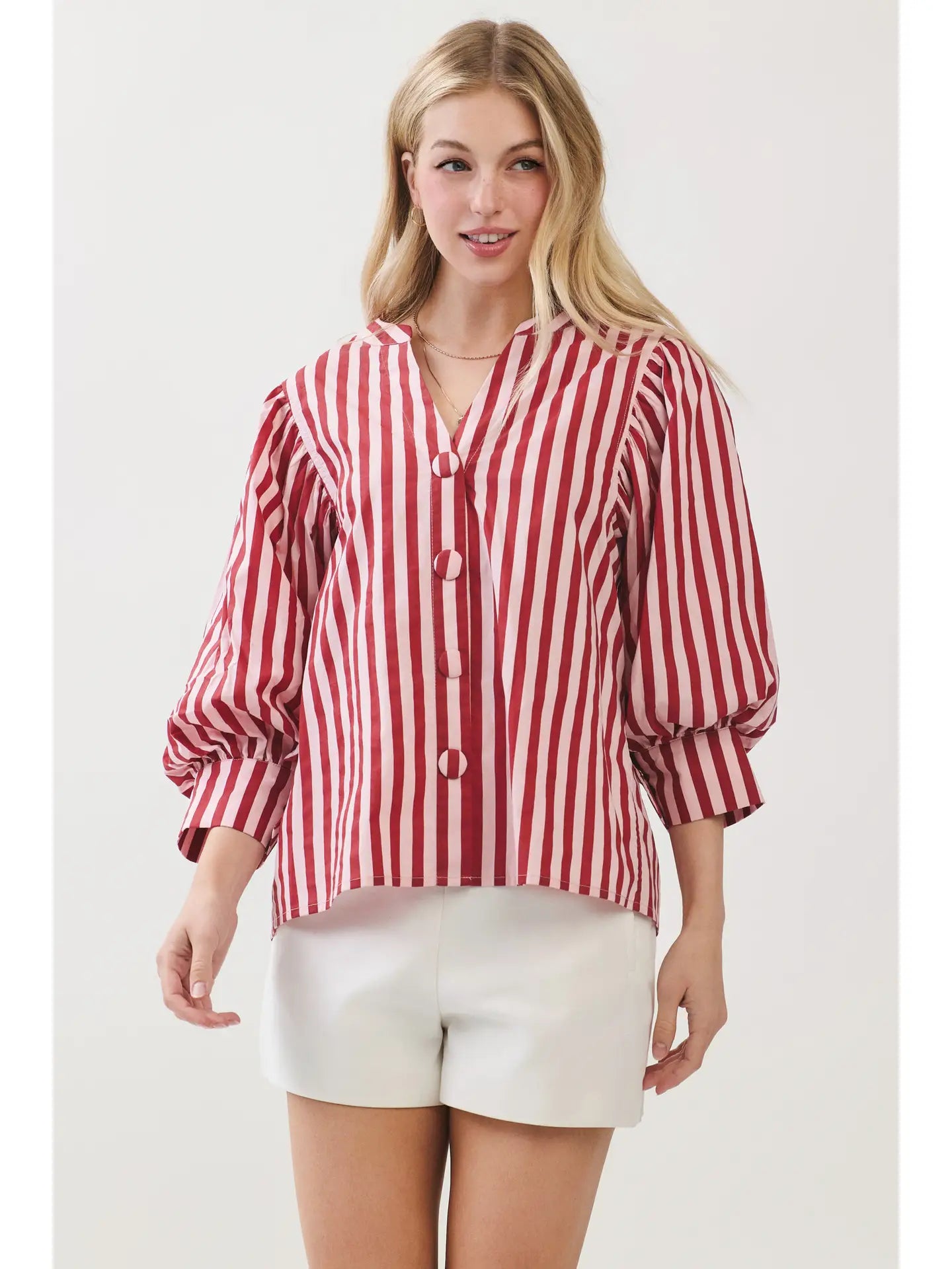 Stripe Bishop Sleeve Blouse - Pink/Wine