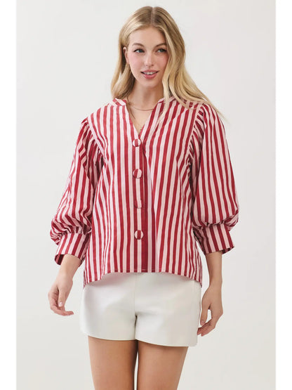 Stripe Bishop Sleeve Blouse - Pink/Wine