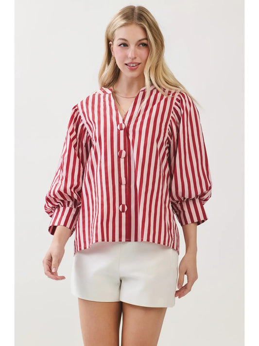 Stripe Bishop Sleeve Blouse - Pink/Wine