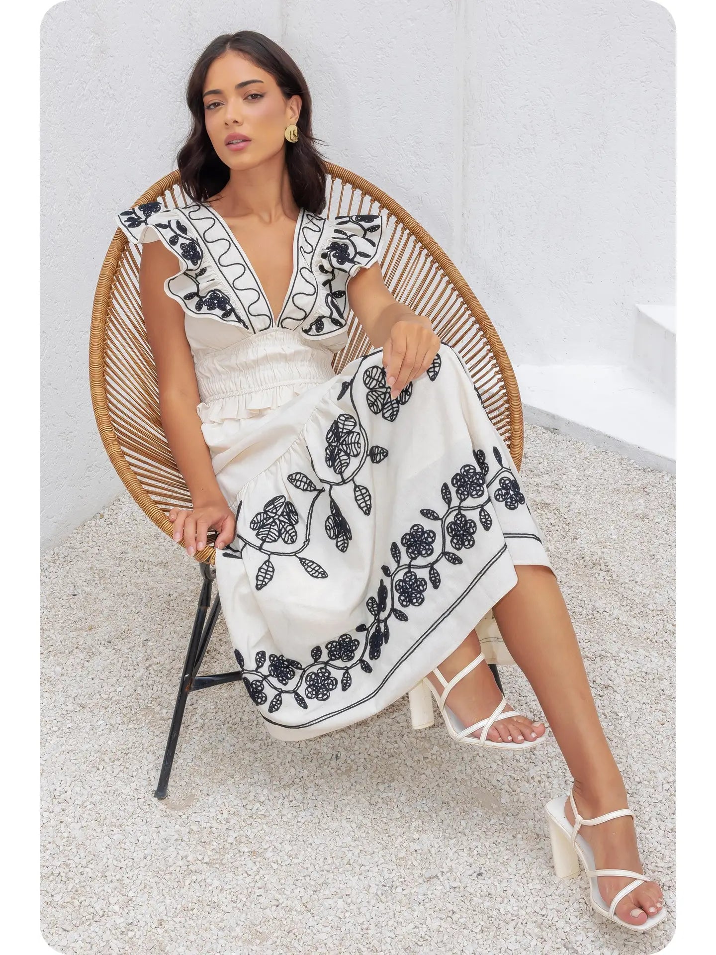 Embroidery Detail Ruffle Linen Long Dress - Ecru