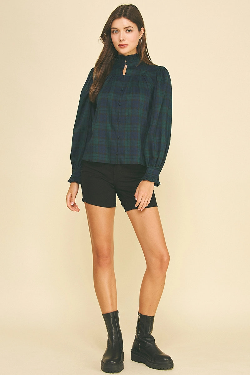 Plaid Ruffled Mock Neck Shirt - Navy/Green