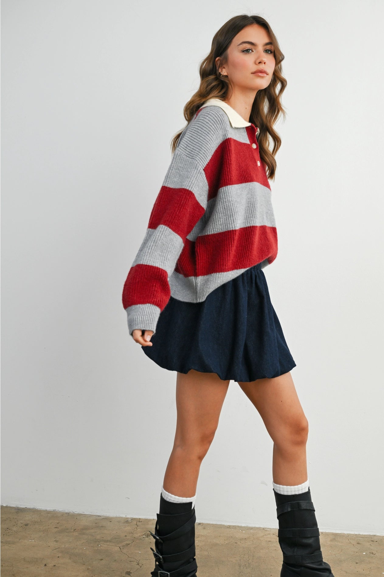 Buttoned Striped Collared Long Sleeve Top - Grey/Burgundy