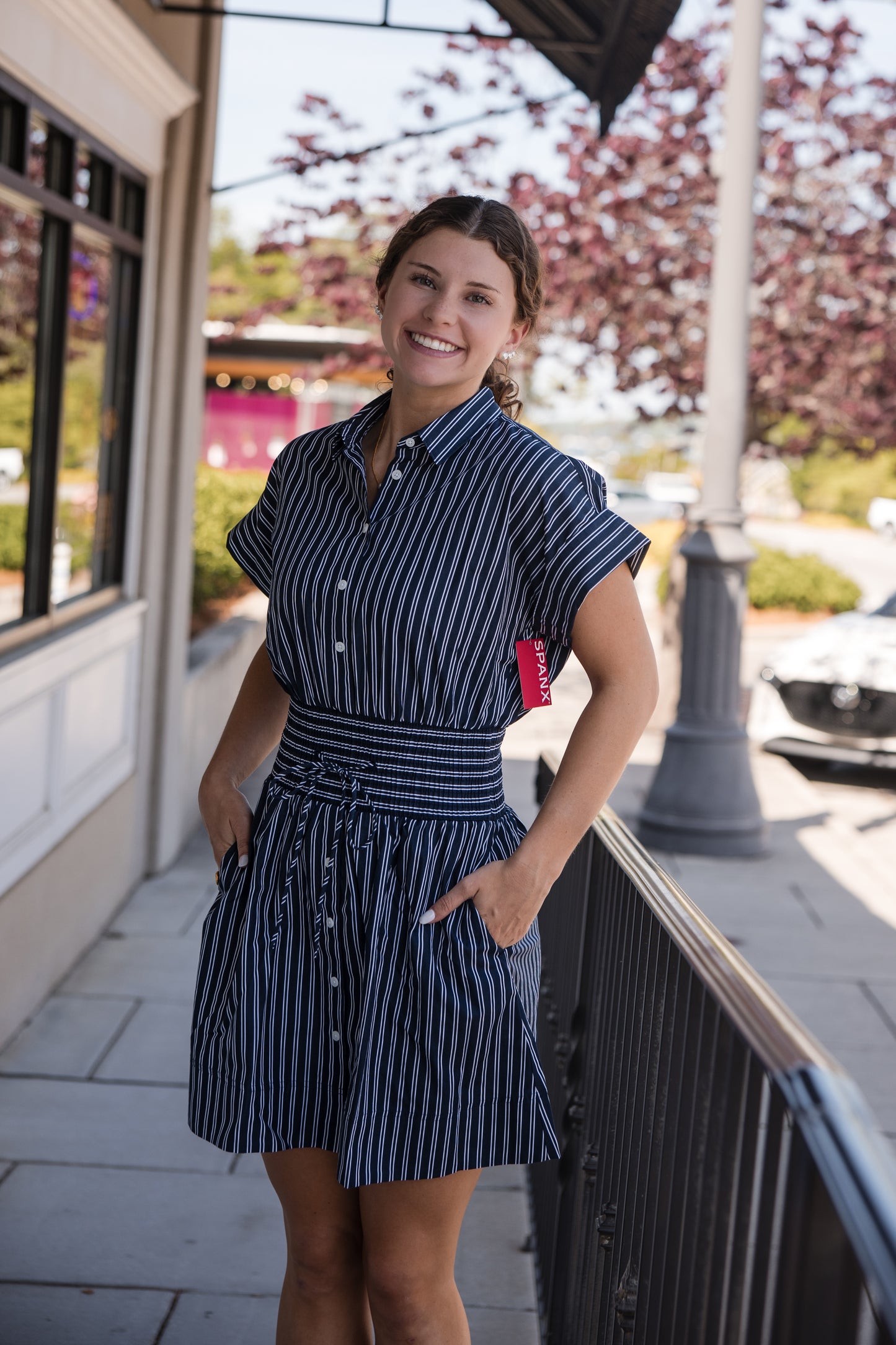Spanx Poplin Smocked Mini Shirt Dress - Timeless Navy/Classic White