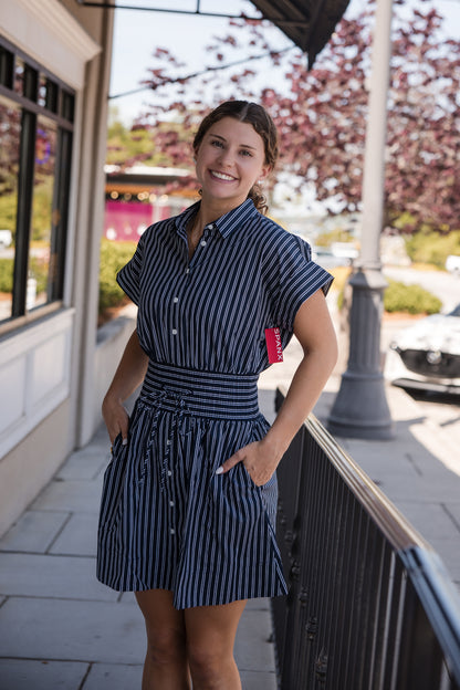 Spanx Poplin Smocked Mini Shirt Dress - Timeless Navy/Classic White
