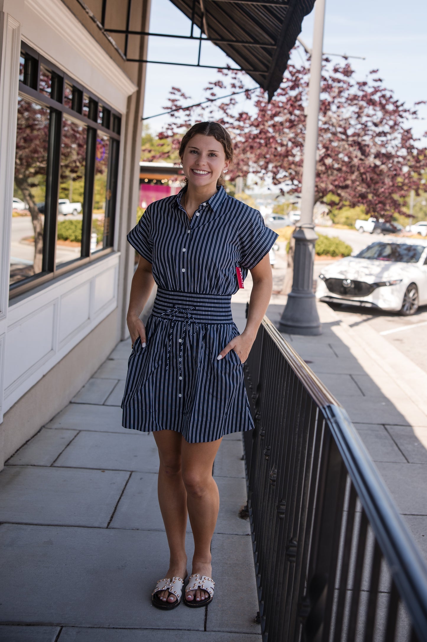 Spanx Poplin Smocked Mini Shirt Dress - Timeless Navy/Classic White