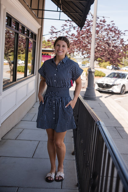 Spanx Poplin Smocked Mini Shirt Dress - Timeless Navy/Classic White