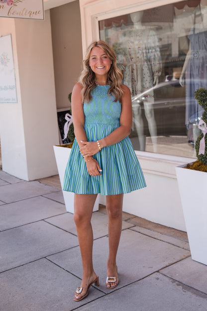 Striped Sleeveless Mini Dress - Green/Blue