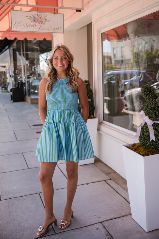 Striped Sleeveless Mini Dress - Green/Blue