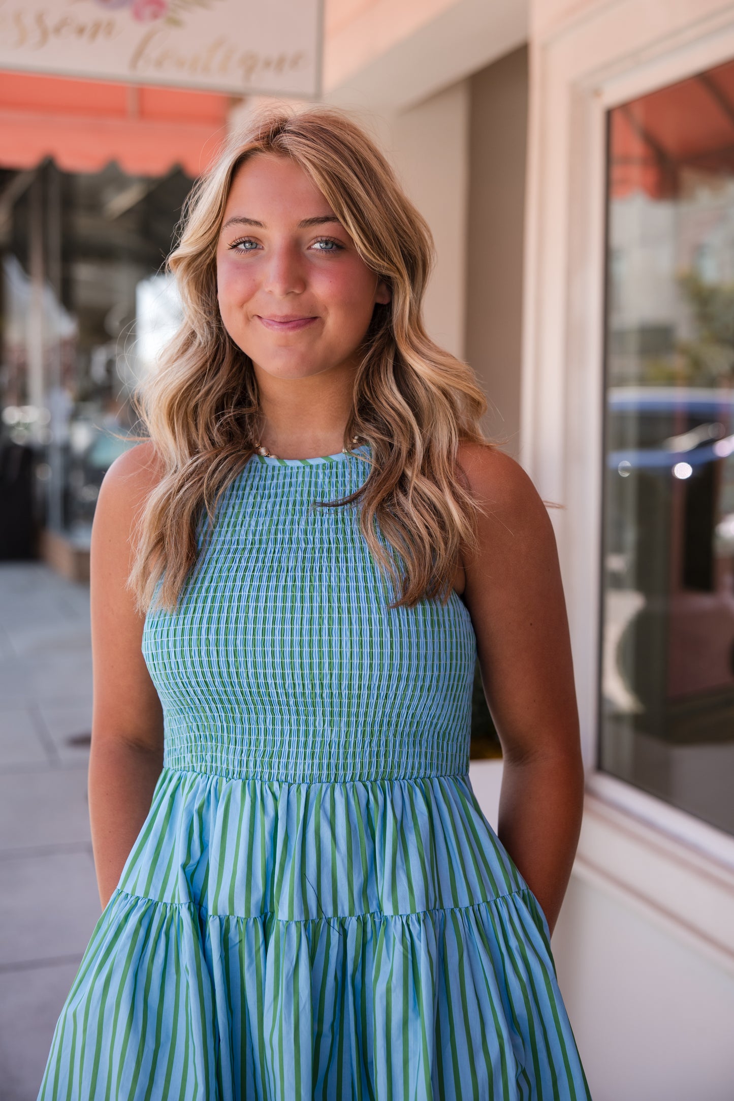 Striped Sleeveless Mini Dress - Green/Blue