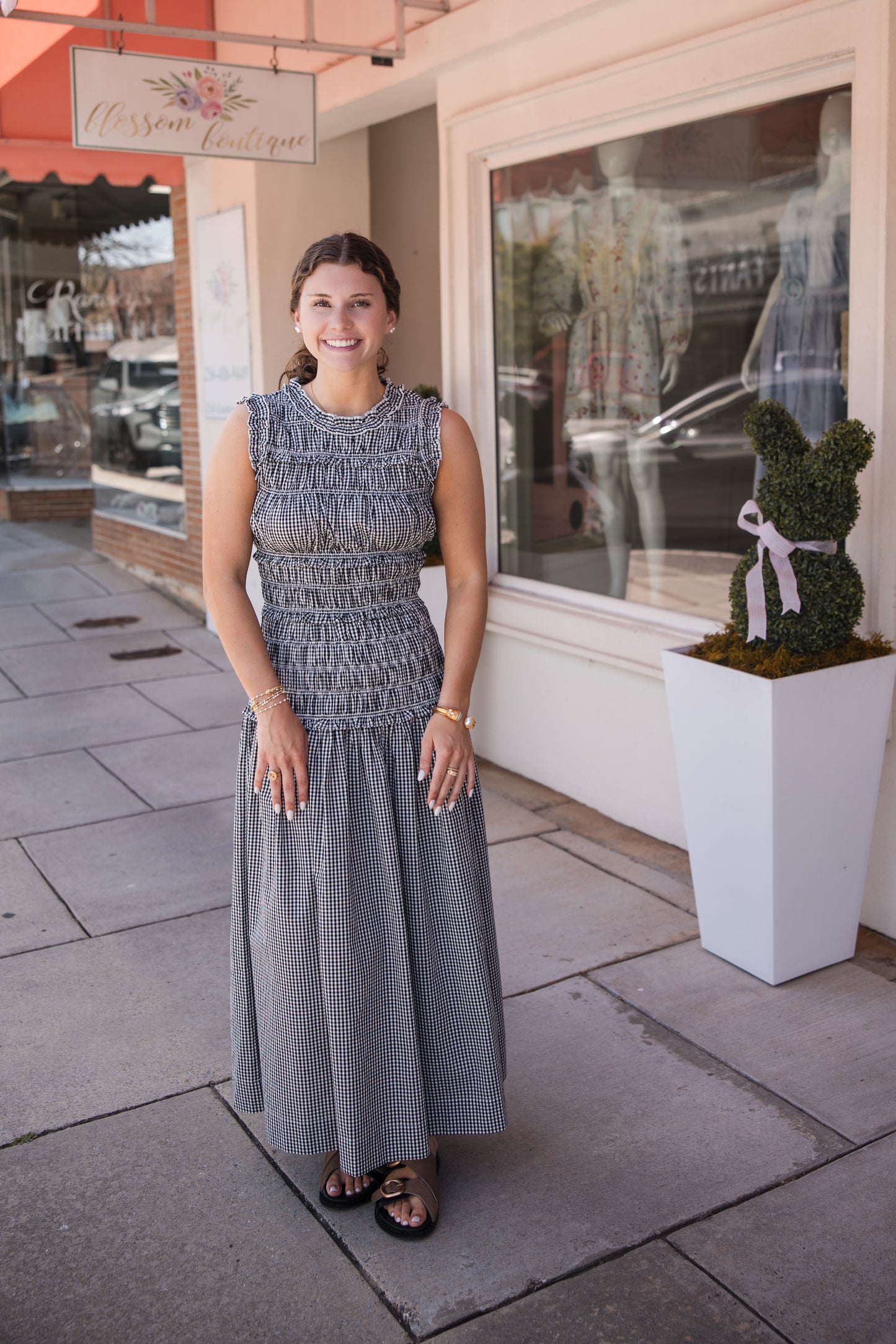 Gingham Shirring Detailed Maxi Dress - Black
