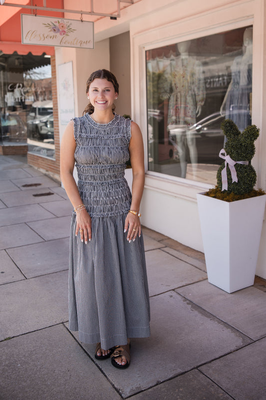 Gingham Shirring Detailed Maxi Dress - Black