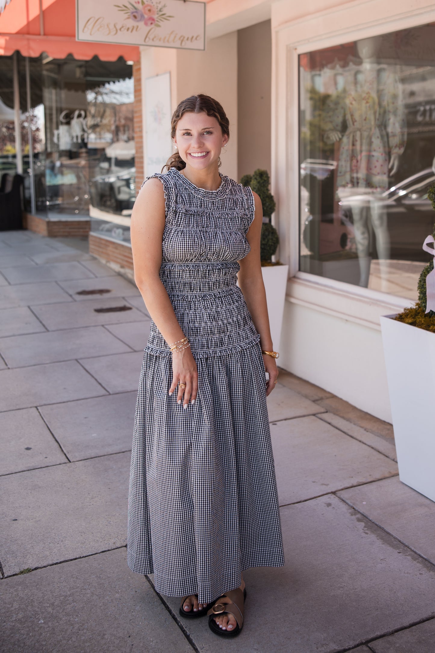 Gingham Shirring Detailed Maxi Dress - Black