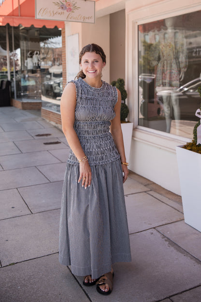 Gingham Shirring Detailed Maxi Dress - Black