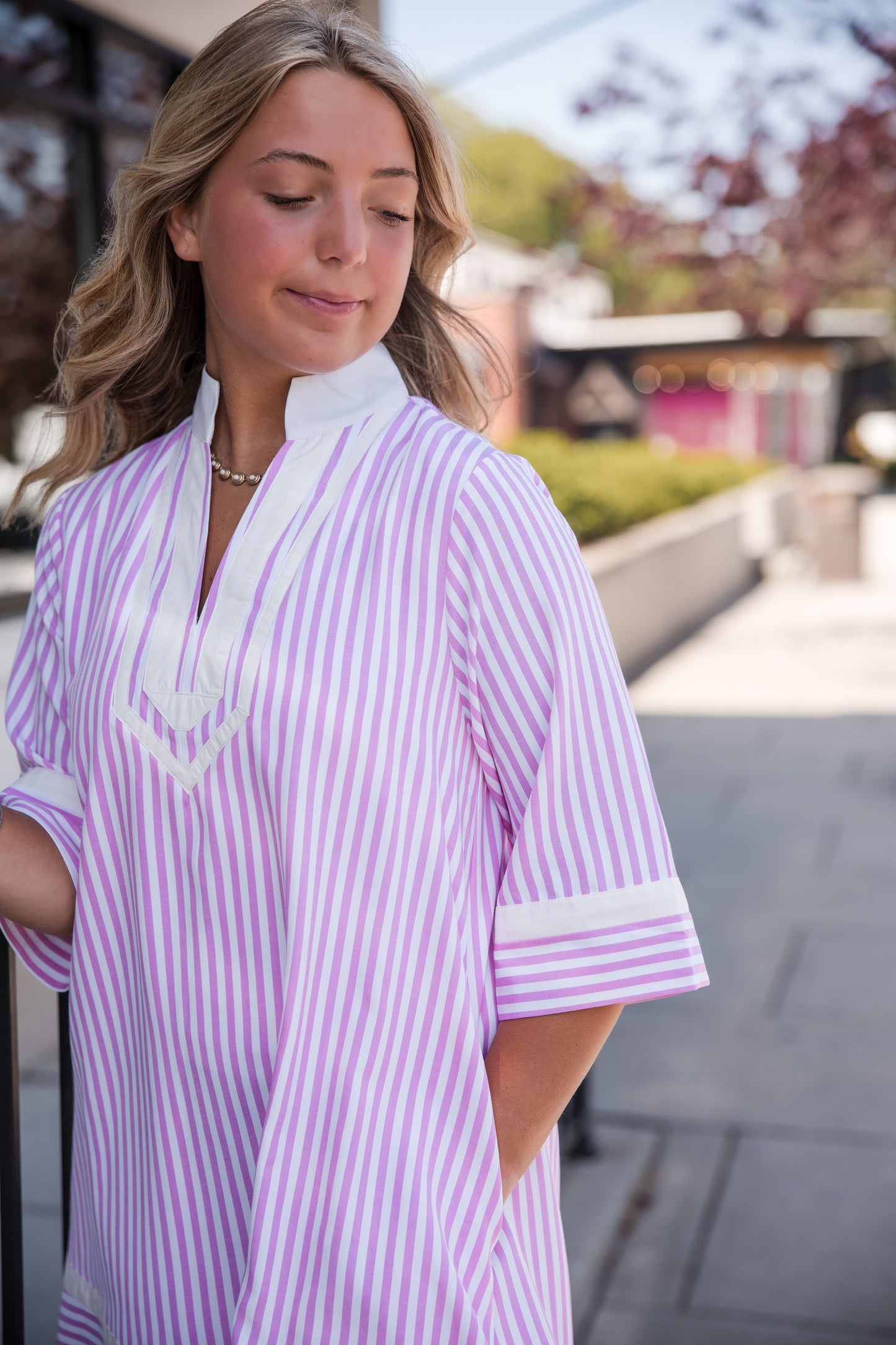 Striped Half Sleeve Mini Dress - Pink