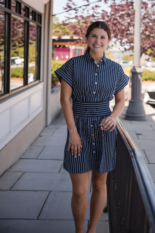 Spanx Poplin Smocked Mini Shirt Dress - Timeless Navy/Classic White