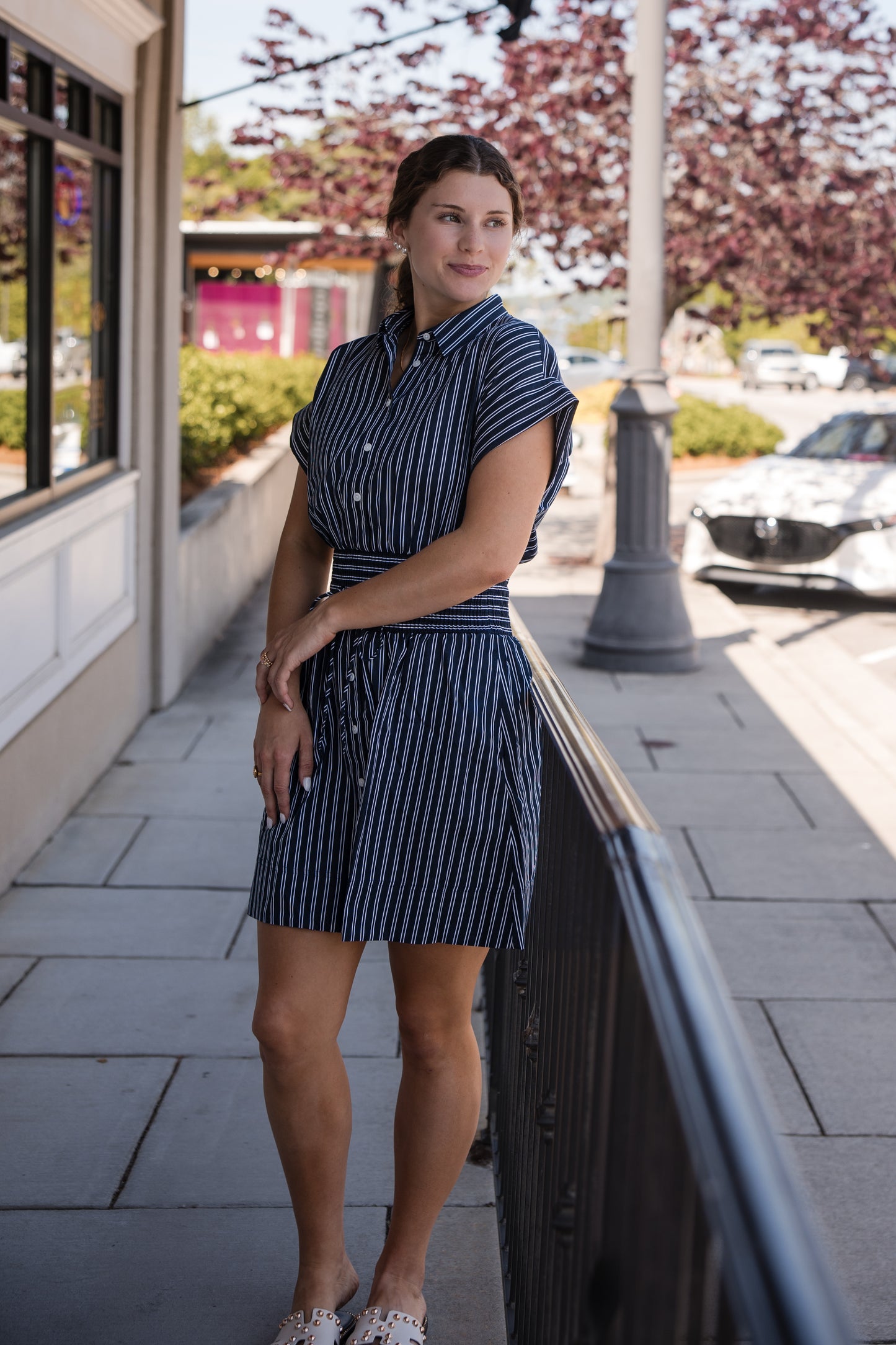 Spanx Poplin Smocked Mini Shirt Dress - Timeless Navy/Classic White