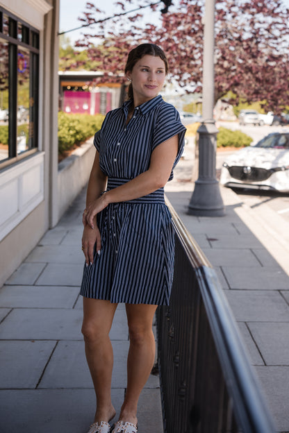 Spanx Poplin Smocked Mini Shirt Dress - Timeless Navy/Classic White