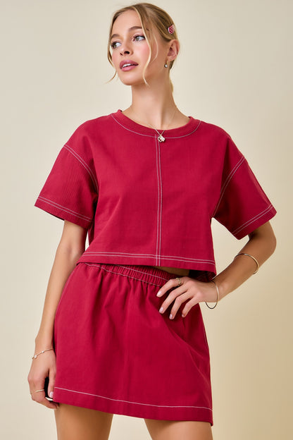 Boxy Cropped Contrast Stitch Detail Top - Maroon