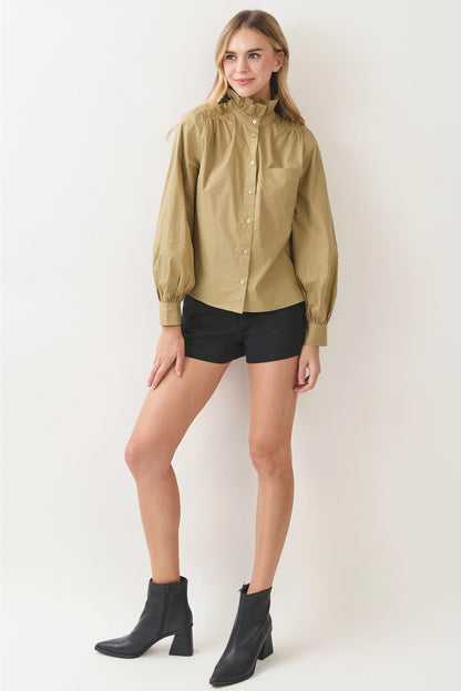 Ruffled High-Neck Button Down Shirt - Khaki