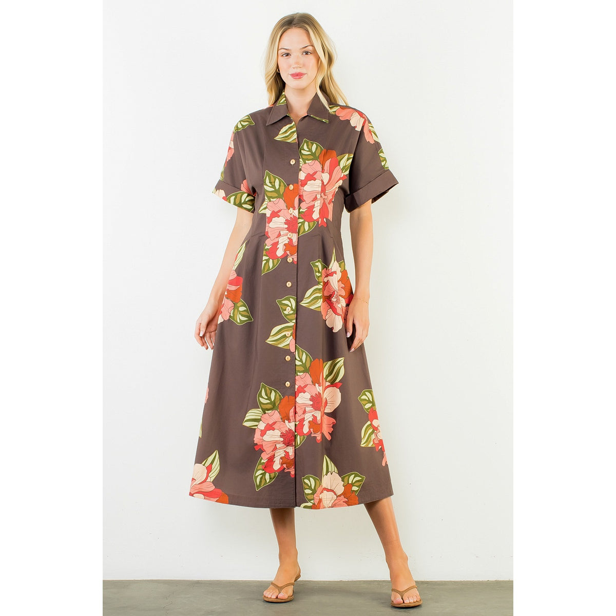 Long Flower Dress with Cuff Sleeves - Brown