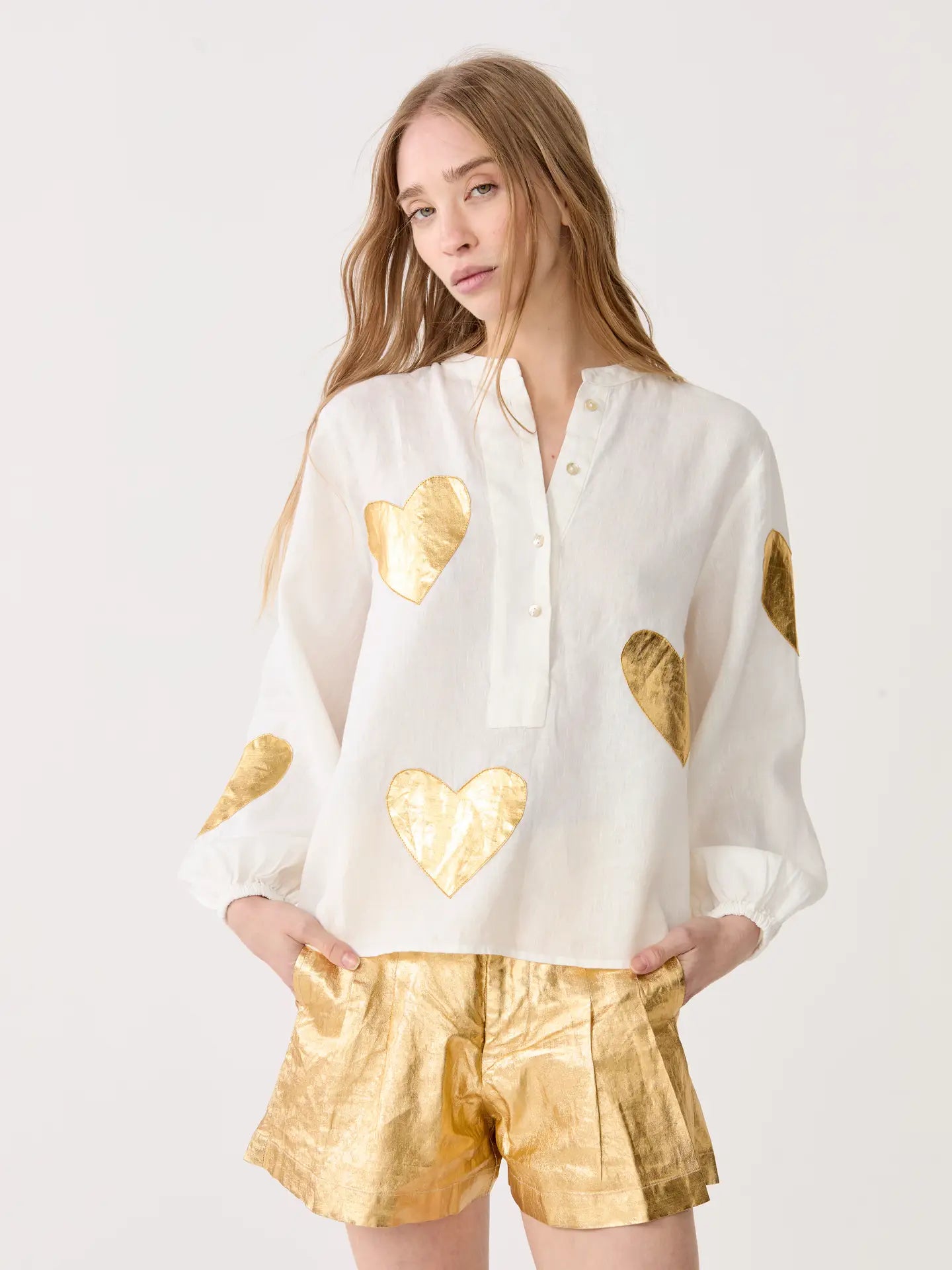 Cupid Linen Shirt - Off White w/ Gold Hearts