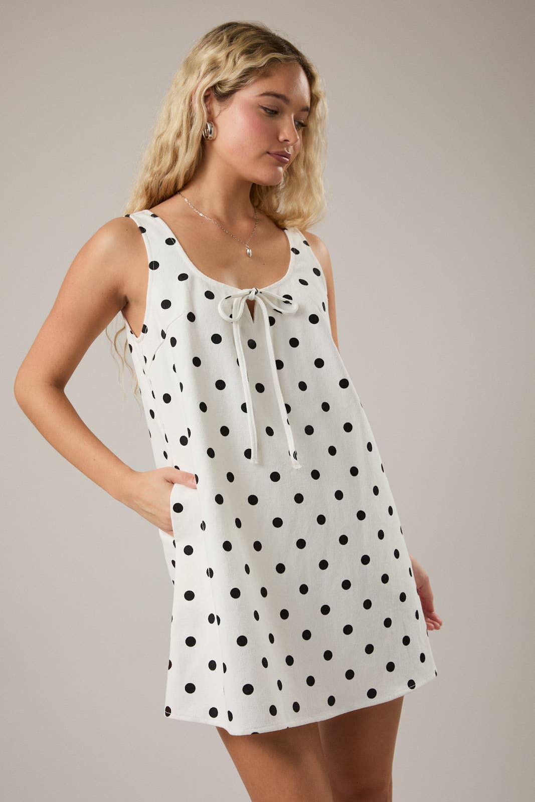 Polka Dot Denim Mini Dress - White/Black