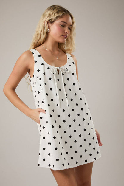 Polka Dot Denim Mini Dress - White/Black