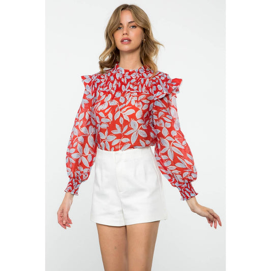 Long Sleeve Sheer Print Top - Red