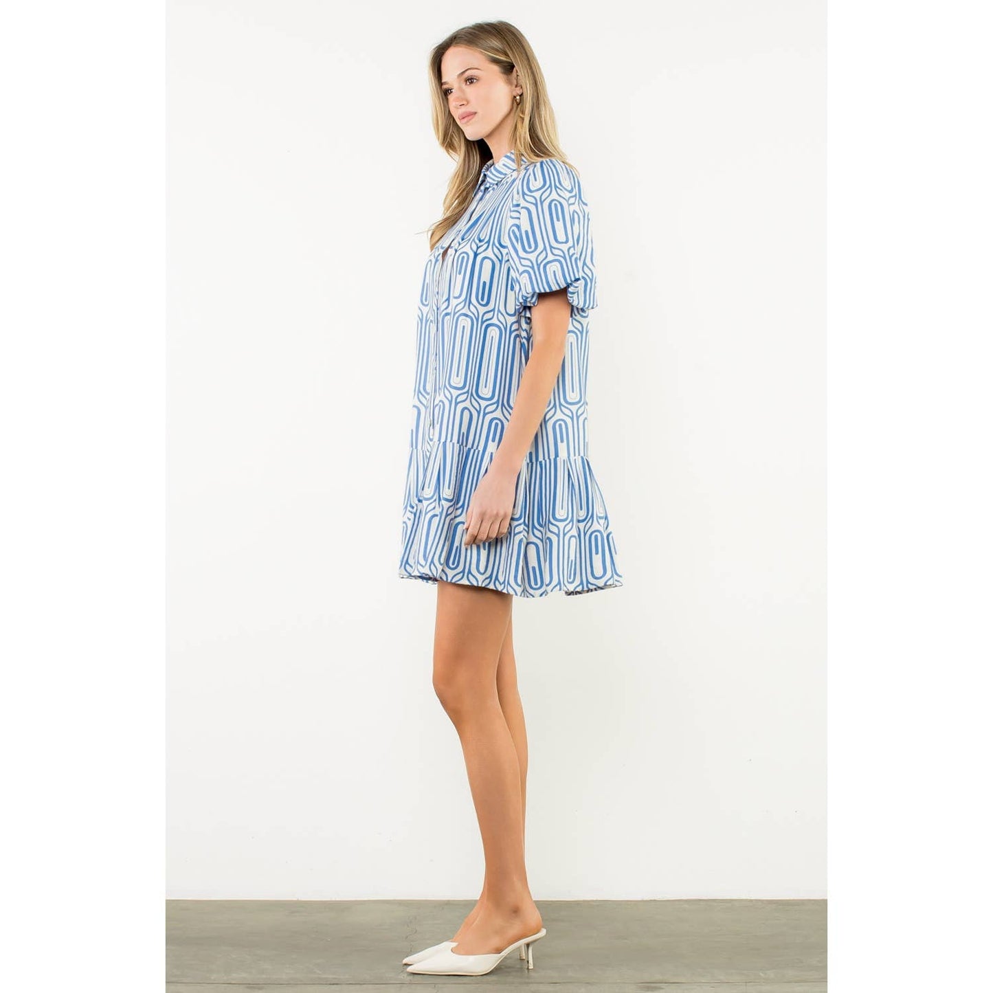 Geometric Puff Sleeve Button Dress - Blue