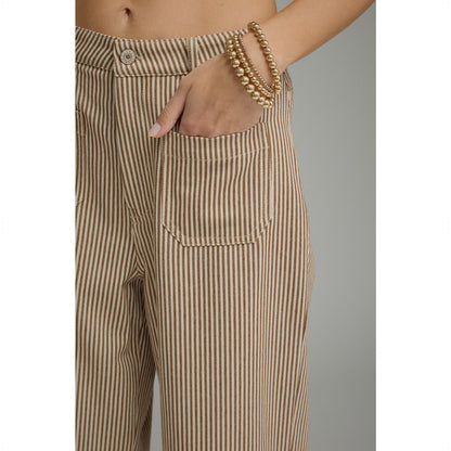 Striped Wide Leg Cropped Pants - Brown