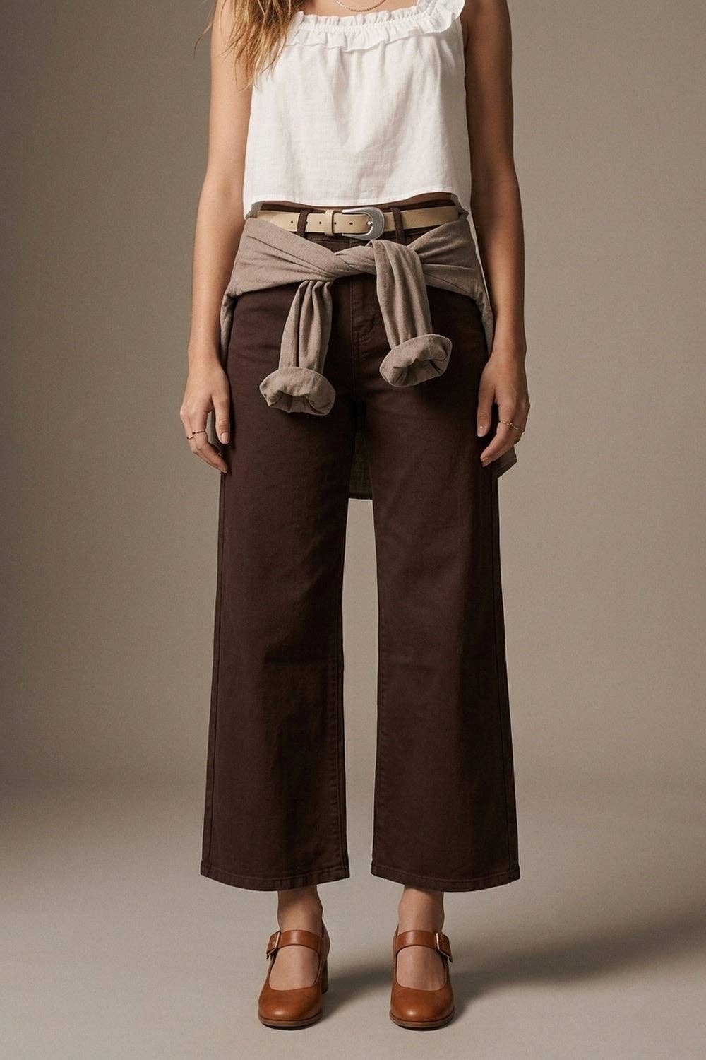 Wide Leg Cropped Jeans - Chocolate Brown