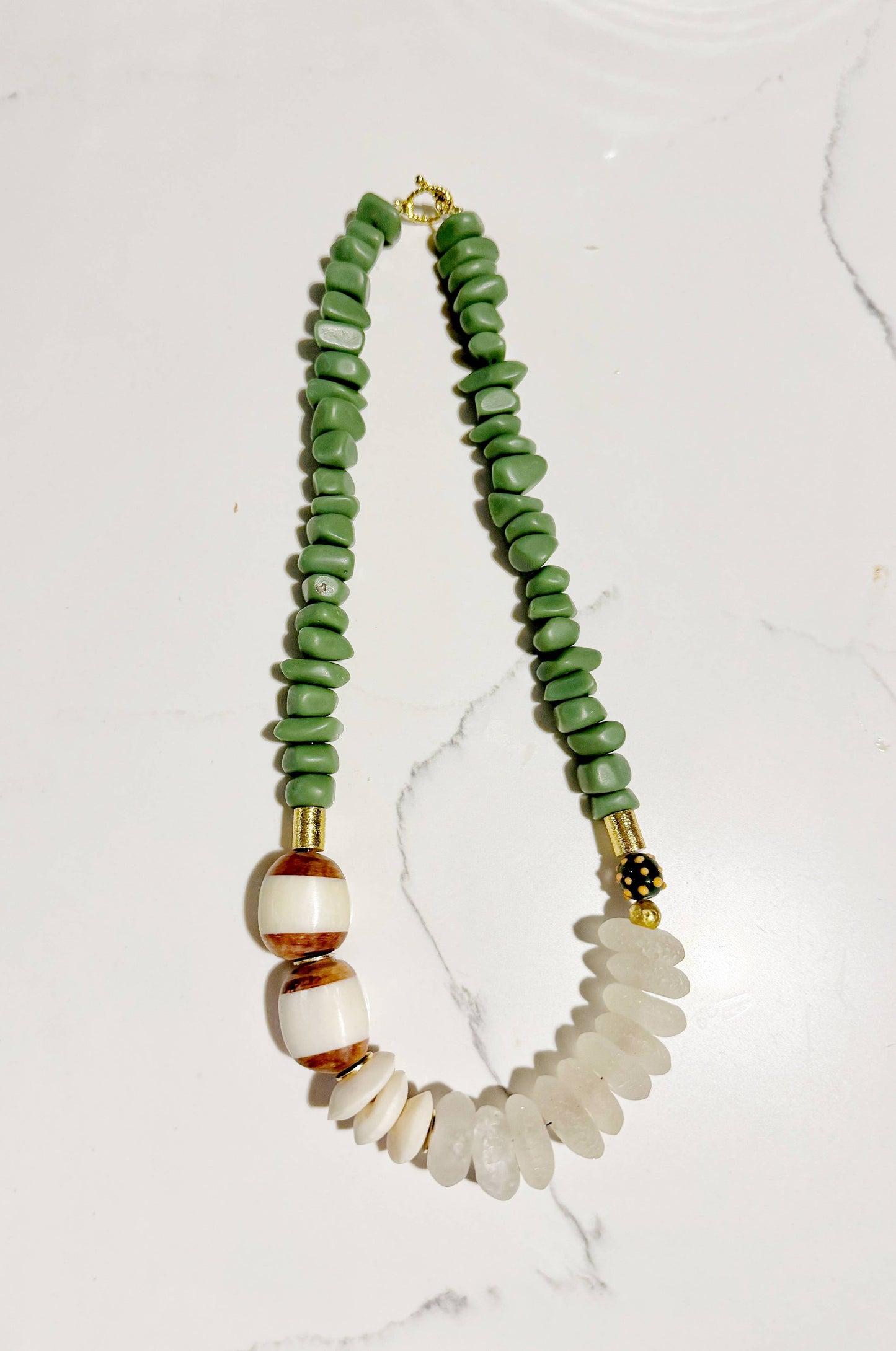 Midi Short Resin Bead Necklace - African Bone & Recycled Glass Green