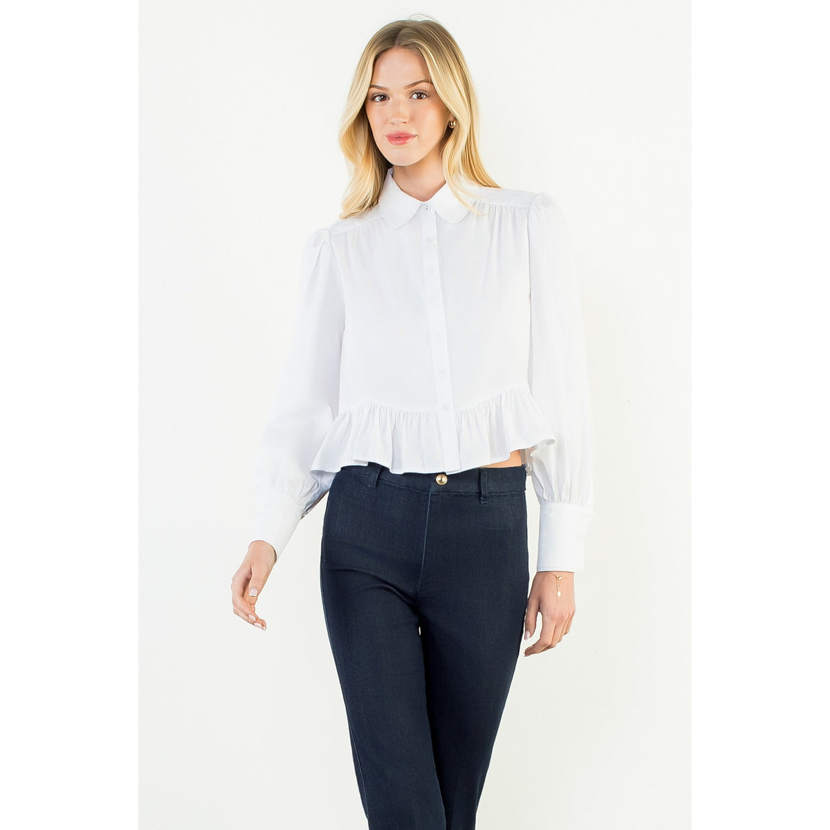 Button Up Long Sleeve Ruffle Hem Top - White