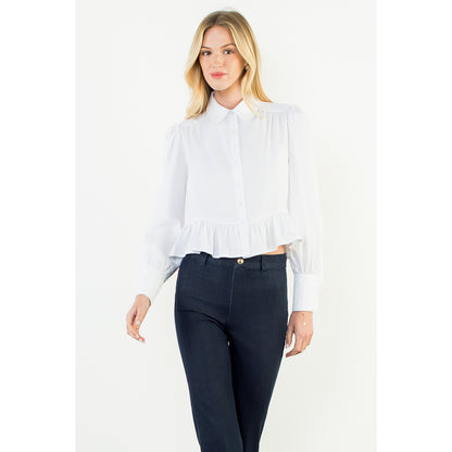 Button Up Long Sleeve Ruffle Hem Top - White