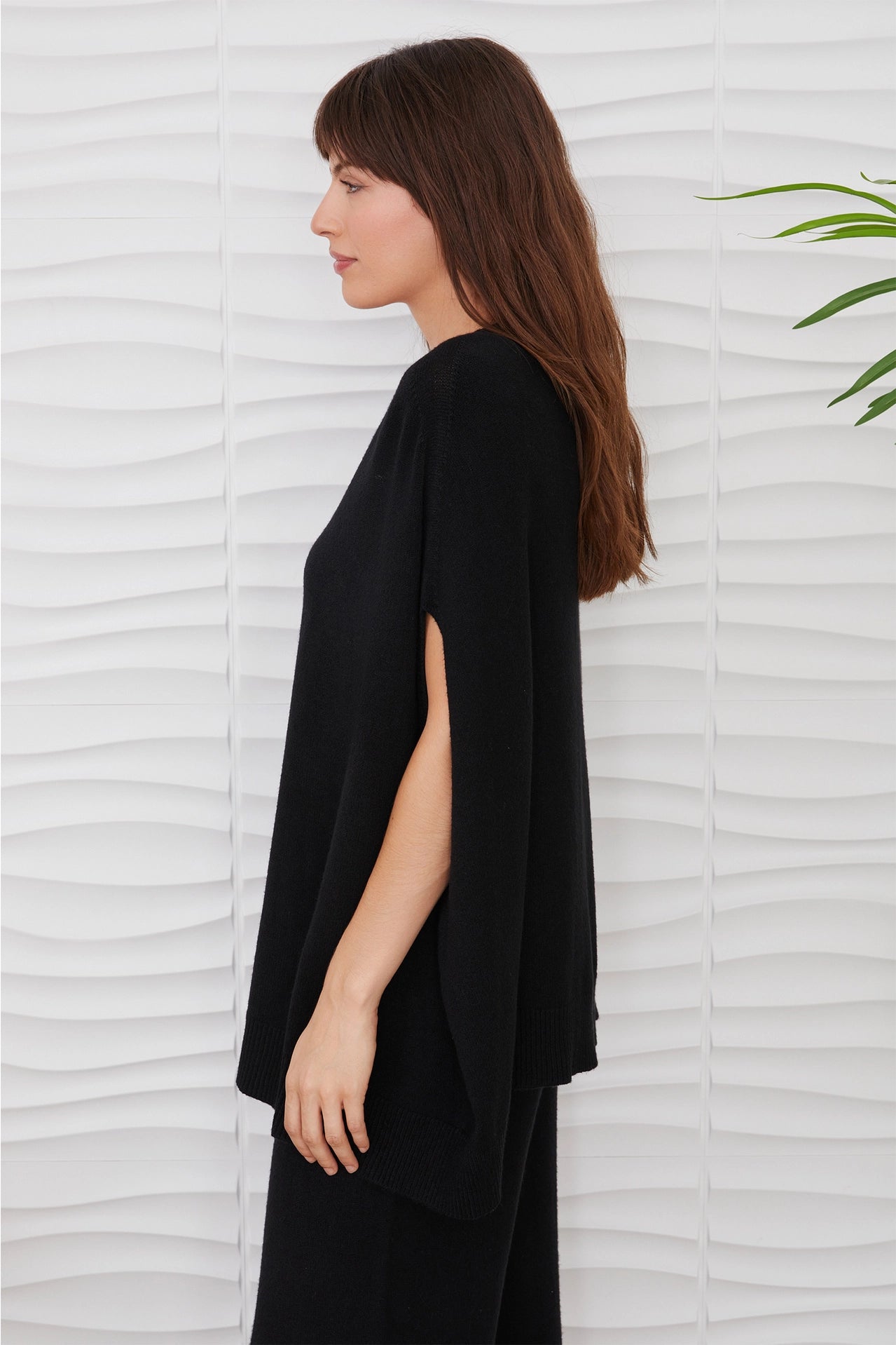 Knit Oversized V-Neck Poncho Sweater - Black