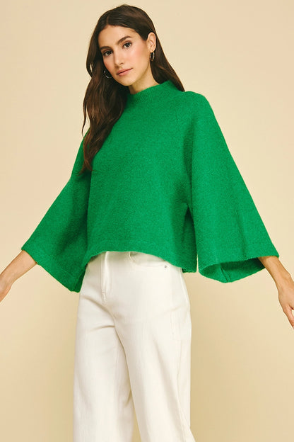 Wide Sleeve Mock Neck Sweater - Green