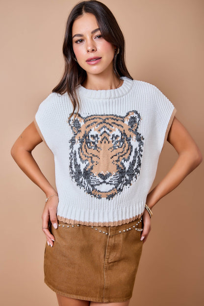 Game Day Tiger Intarsia Sweater Vest - Ivory/Brown