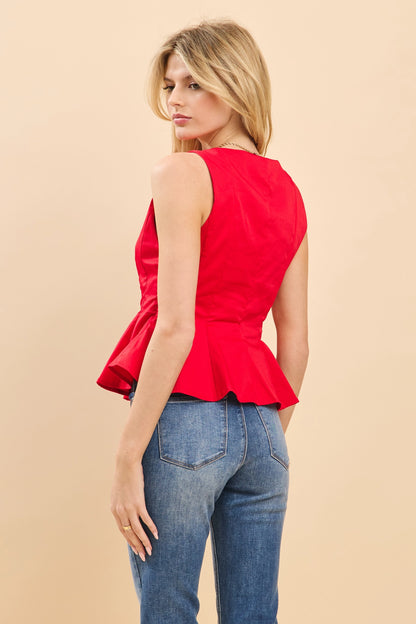 Boat Neckline Fit & Flare Sleeveless Top - Red