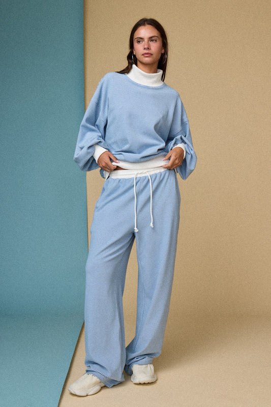 Mock Neck Stripe Lounge Set - Blue