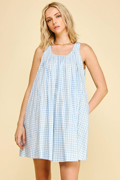 Gingham A-Line Mini Dress - Baby Blue