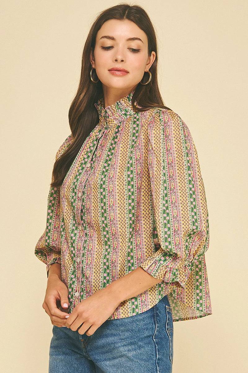 Floral Botanical Print Button Down Blouse - Green Multi