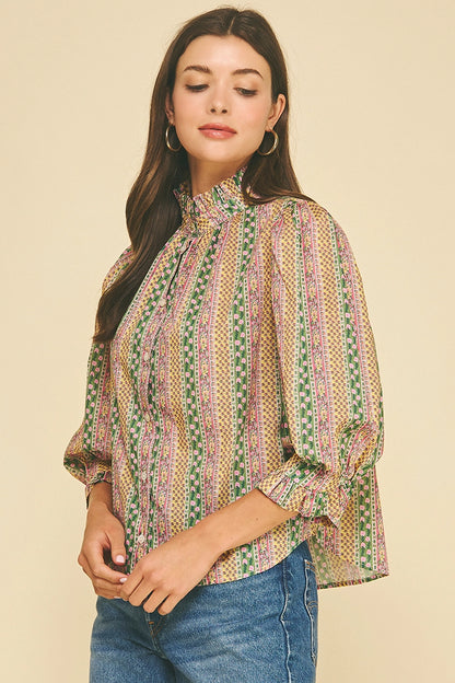 Floral Botanical Print Button Down Blouse - Green Multi