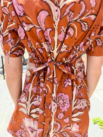 Floral Print Short Puff Sleeve Dress - Rust