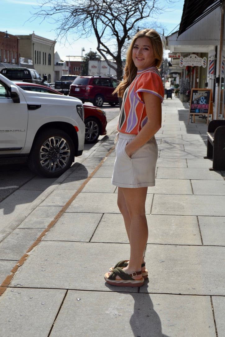 Short Sleeve Pattern Knit Top - Coral