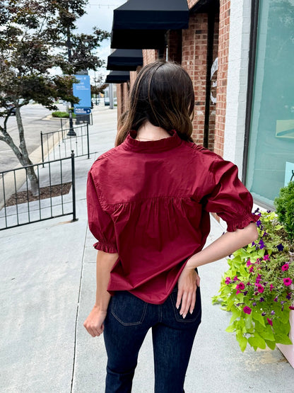 Balloon Sleeve Blouse Top - Burgundy