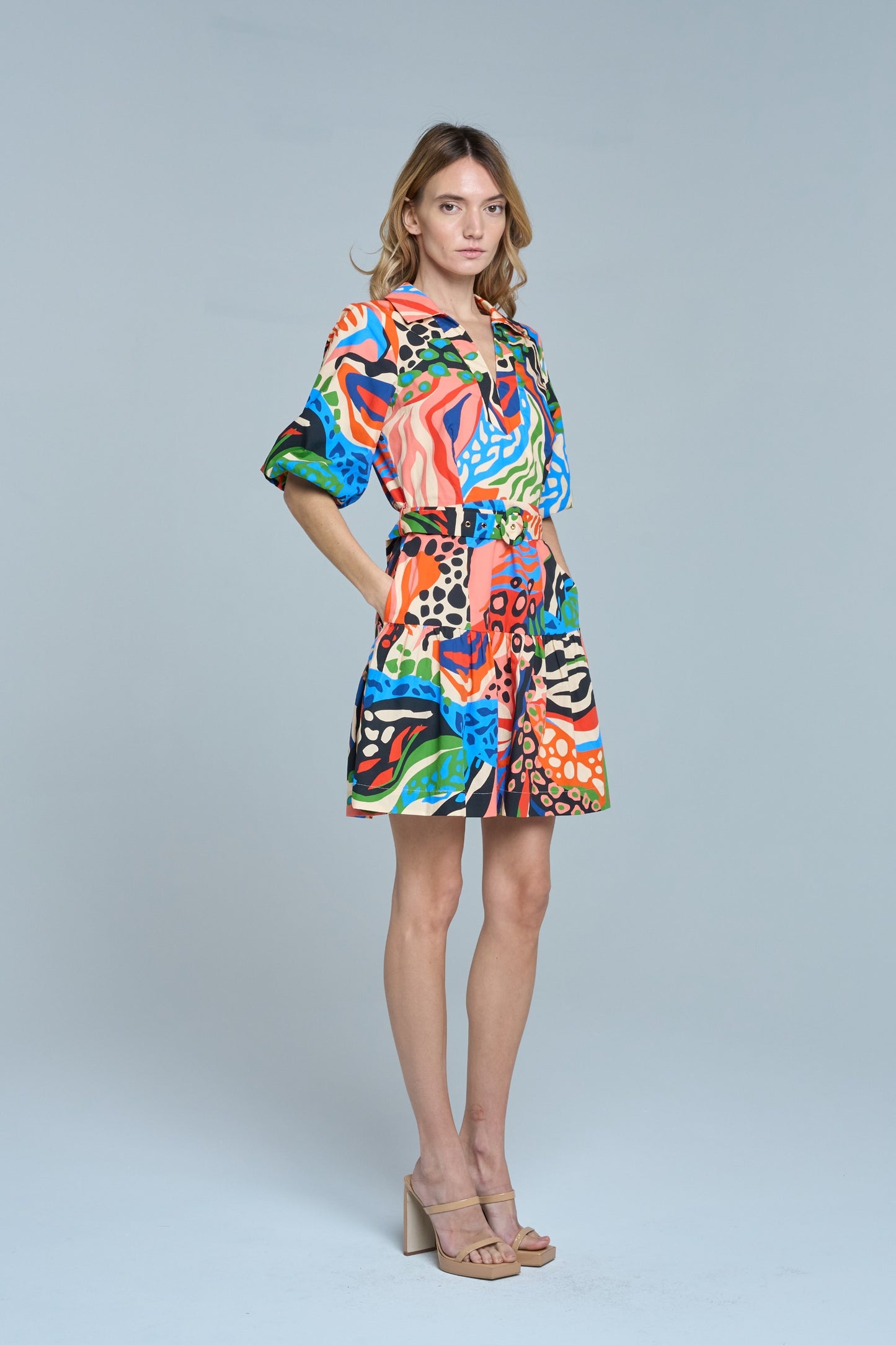 Azula Printed Bubble Sleeve Mini Dress