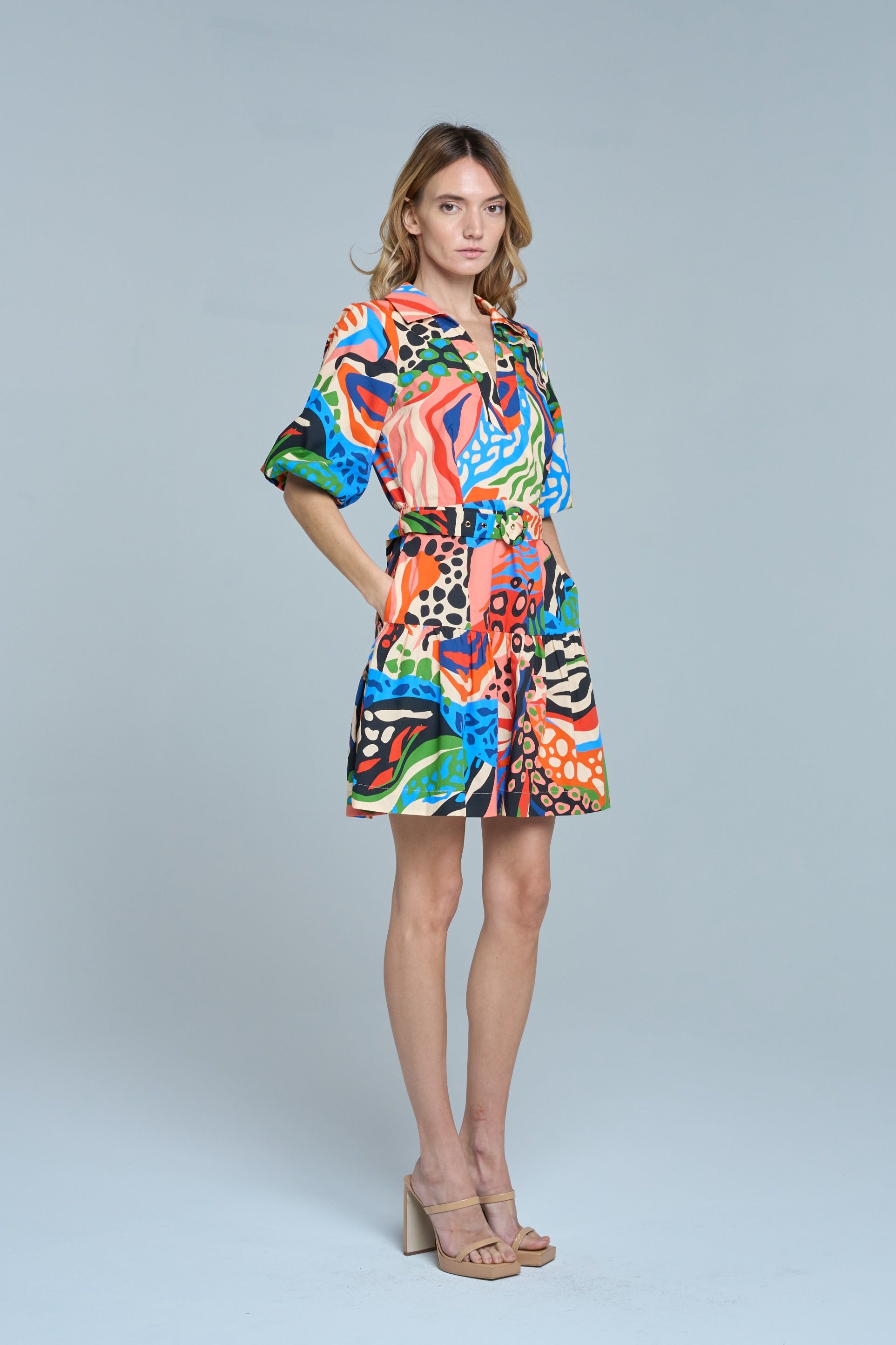 Azula Printed Bubble Sleeve Mini Dress