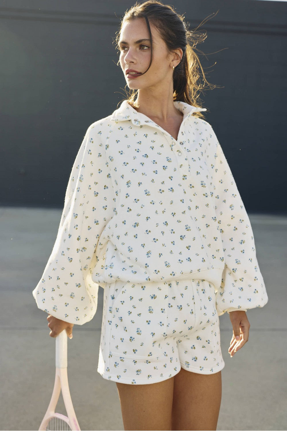 Piper Snap Button Floral Collared Sweater - Ivory/Blue