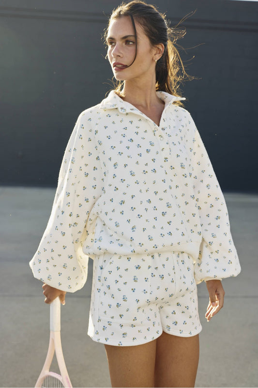 Piper Snap Button Floral Collared Sweater - Ivory/Blue