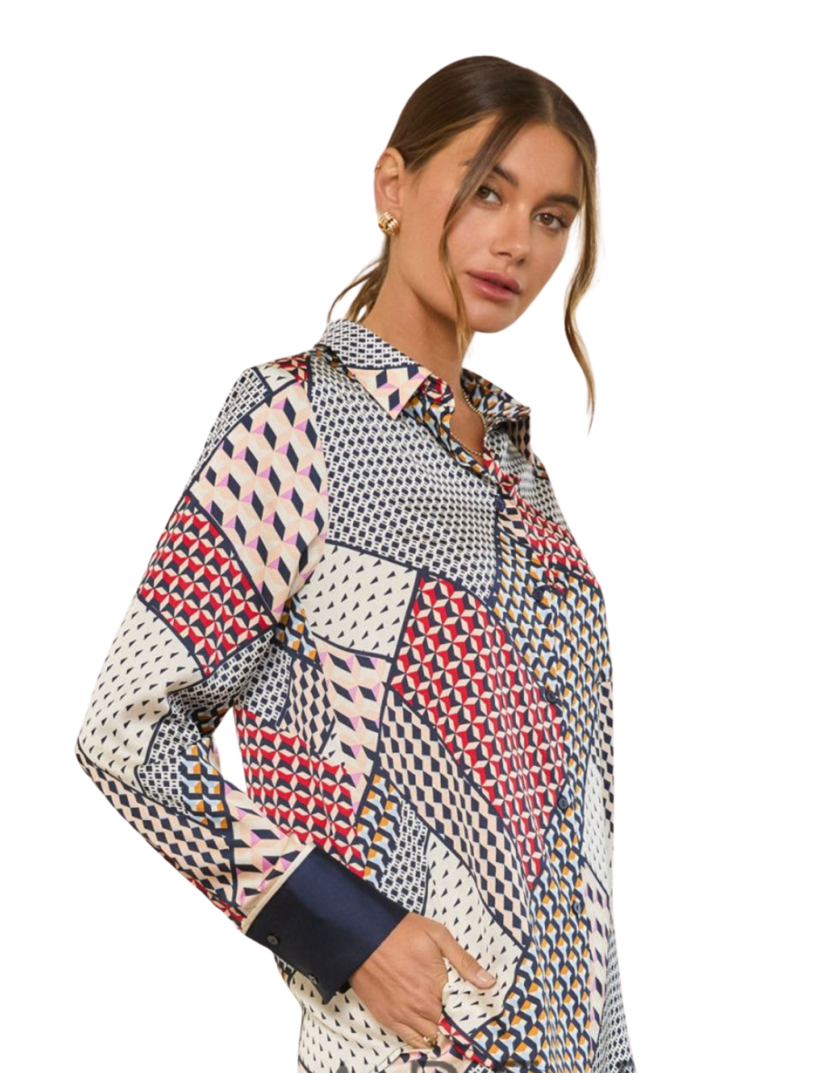 Geometric Patchwork Print Button-Down Silky Blouse - Navy Multi